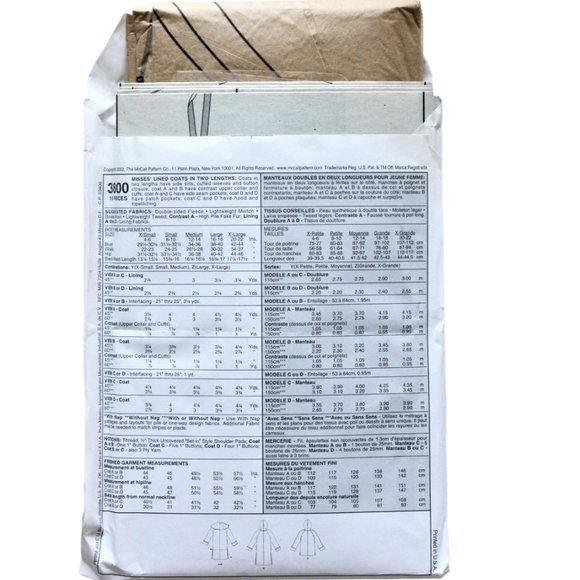 Vintage McCalls Sewing Pattern 3800 Uncut Lined Coat 2 Lenghts Sz 4 6 8 10 12 14 - Picture 3 of 4